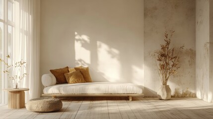 Minimalist living room design featuring a sofa on a wooden floor decorative elements on a large wall and a white landscape visible through the window Nordic inspired interior 3D illustration