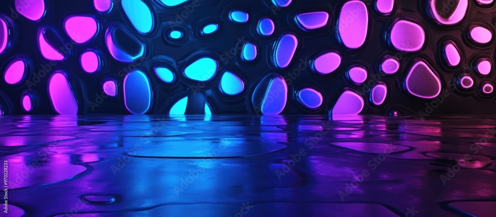 Poster 3d rendering of a light wall featuring blue and violet spots shaped like a tablet symbol set against