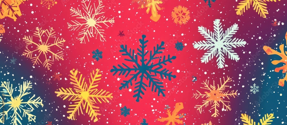 Poster abstract pattern of snowflakes in a flat design featuring ornamental elements on a vibrant backgroun