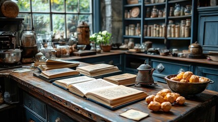 Cozy kitchen scene with books, food, and vintage decor.