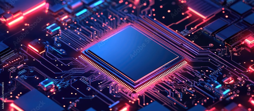Poster a microchip featuring a central processing unit represents the outline of a nation set against a dar