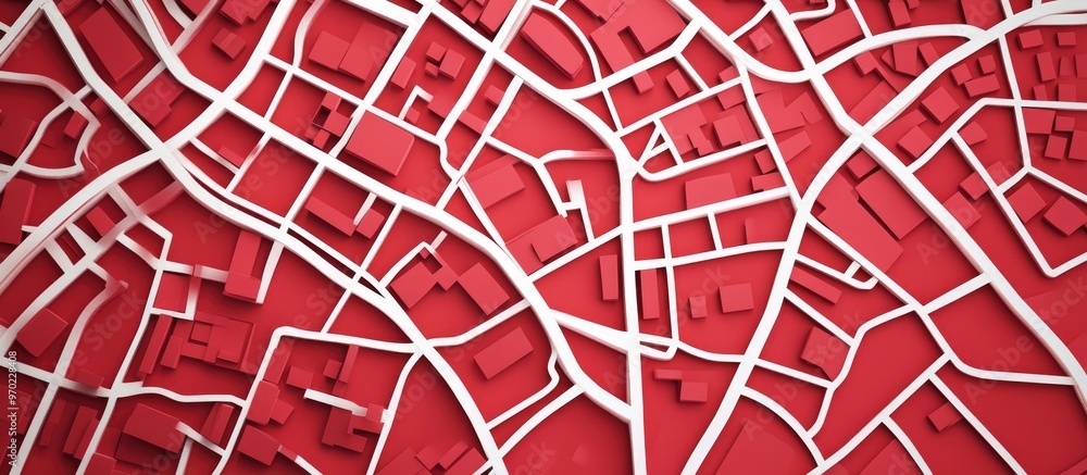 Poster map of streets designed with white lines on red paper aerial view with a textured background 3d rend