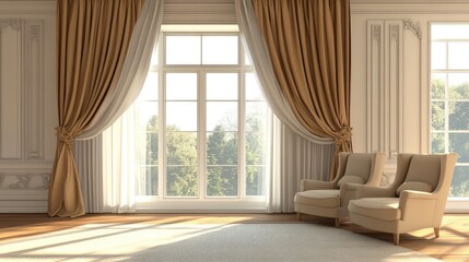 Fototapeta premium Modern interior design featuring a spacious room with curtains rendered in 3D