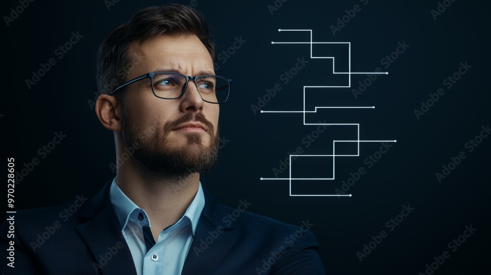 Poster a man in a suit is looking at a computer screen with a series of lines