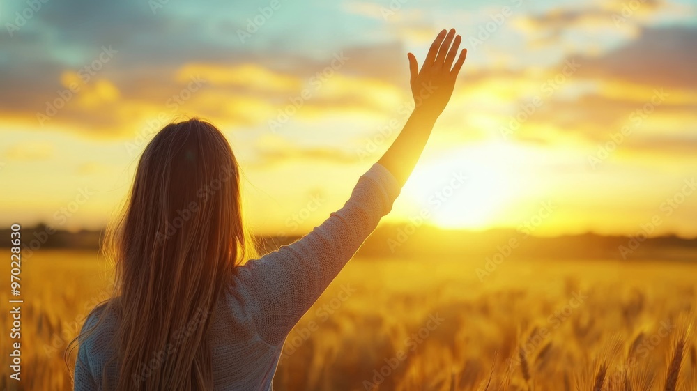 Sticker A woman is standing in a field with her arms raised, looking up at the sun