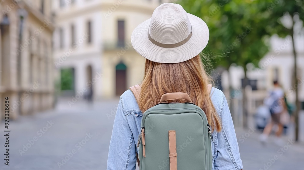 Wall mural A woman wearing a straw hat and a green backpack is walking down a street