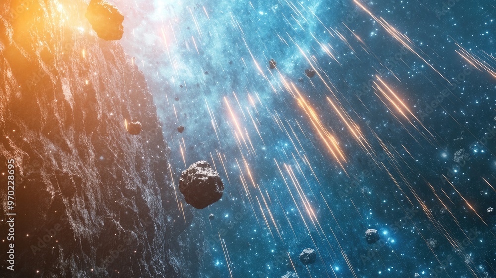 Poster high speed abstract comets descend in a stunning 3d rendering creating a virtual backdrop of asteroi