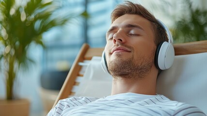 A man is wearing headphones and is relaxing on a chair