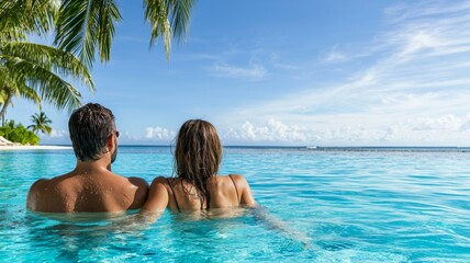 A man and woman are in the ocean, enjoying the water and each other's company