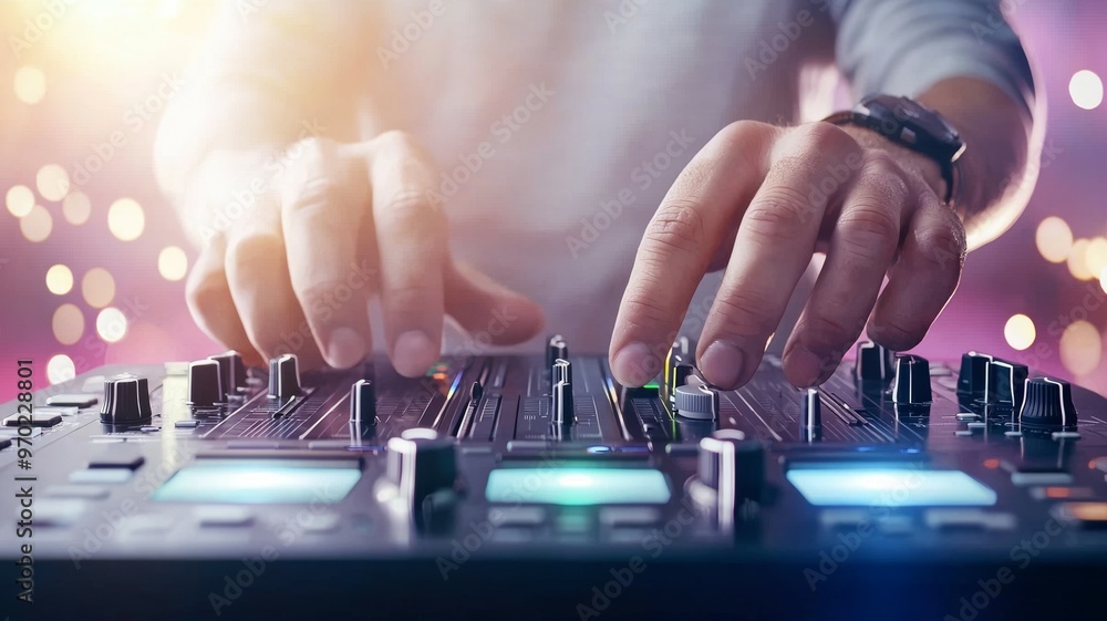 Poster a man is playing a keyboard with a green button
