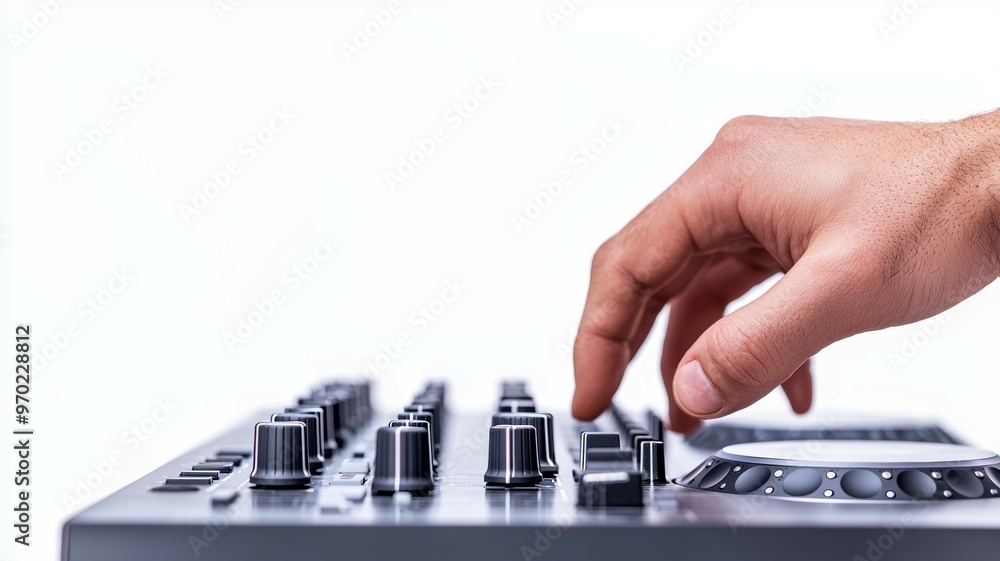 Poster a hand is pressing buttons on a music controller