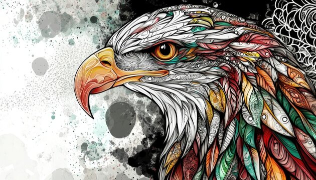 Colorful zentangle artwork of an eagle s head with intricate black line details set against a contrasting black and white backdrop