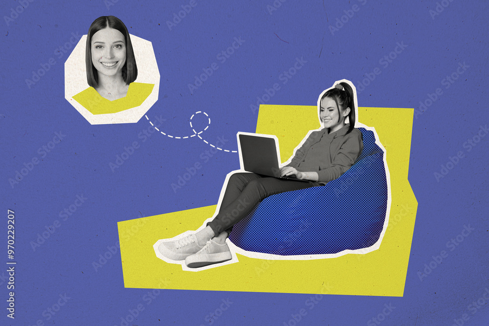 Poster Creative abstract template graphics collage image of smiling lady chatting modern gadget isolated colorful background