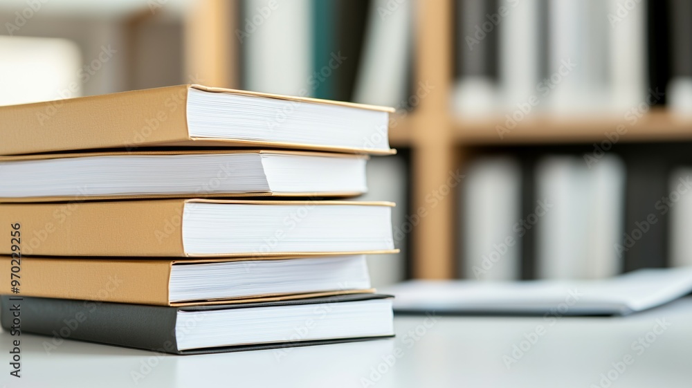 Poster a stack of books on a table with a notebook and a folder