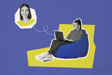 Creative abstract template graphics collage image of smiling lady chatting modern gadget isolated...