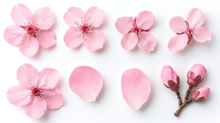 Delicate pink cherry blossoms and petals scattered on a white background. Ideal for spring-themed designs, floral banners, or romantic marketing with ample copyspace for text overlay.