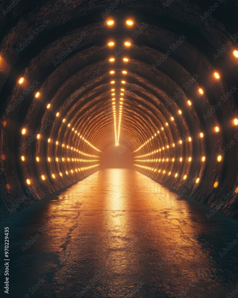 Poster illuminated dark tunnel with glowing light 3d rendering digital artwork
