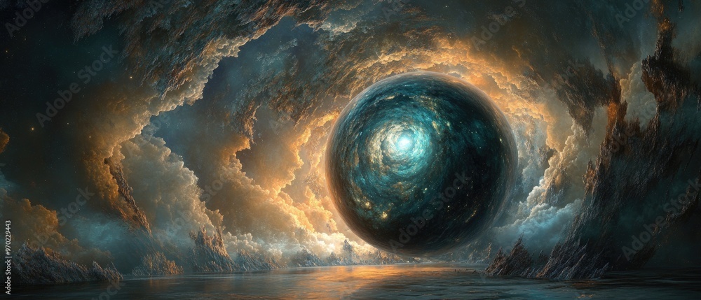 Poster surreal abstract 3d wallpaper featuring a sphere in an imaginative space setting
