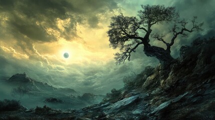 Fototapeta premium Fantasy landscape depicting a sense of loss and emptiness featuring surreal elements and a dreamlike atmosphere