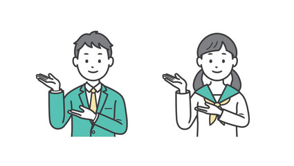 案内をする男女の学生の上半身イラスト