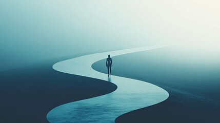 Solitary Figure Walking on a Winding Path in a Foggy Landscape