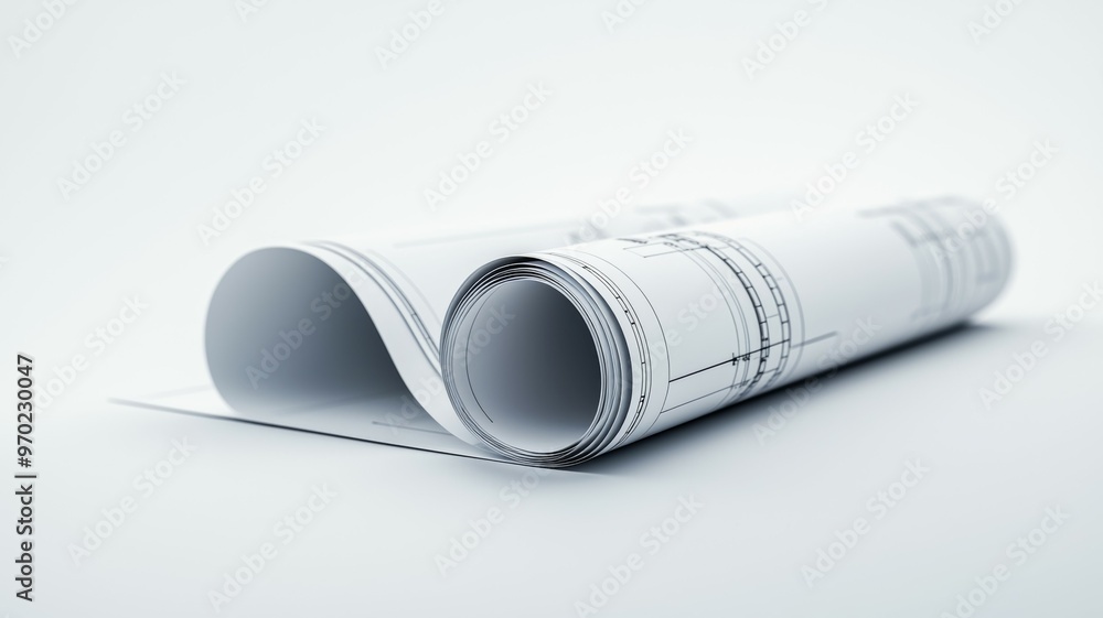 Poster a roll of paper with a drawing of a building on it