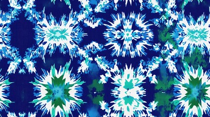 Ethnic Pattern Abstract Kaleidoscope Design Seamless Texture in Blue Green White and Indigo Tie Dye Rapport Ikat Print