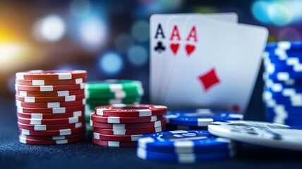 A pile of poker chips and a deck of cards on a table