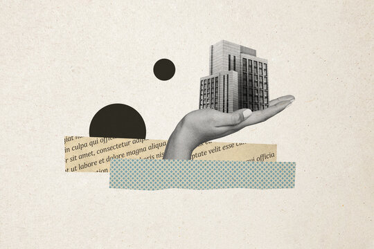 Composite photo collage of architect hand palm hold city building apartment urban immigration isolated on painted background