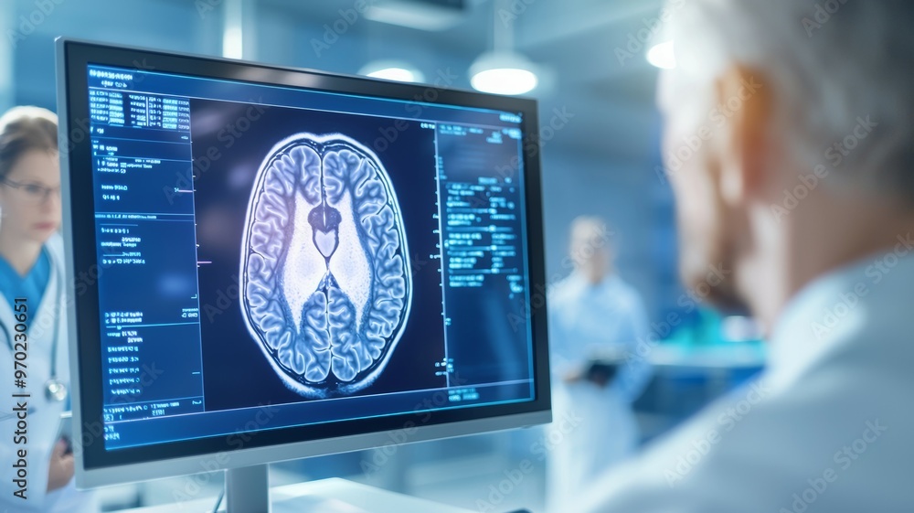 Poster a man is looking at a computer monitor displaying a brain scan
