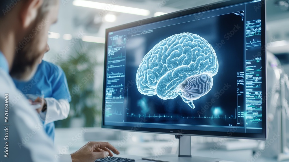 Poster a man is looking at a computer monitor that displays a brain