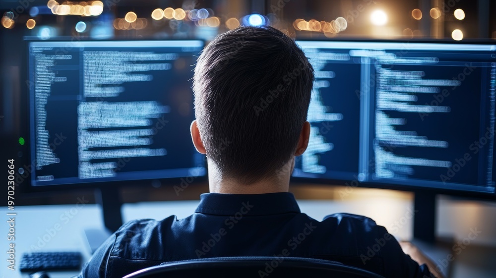 Poster a man is sitting in front of two computer monitors