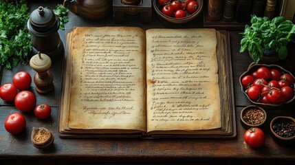 An open recipe book surrounded by fresh tomatoes and herbs.