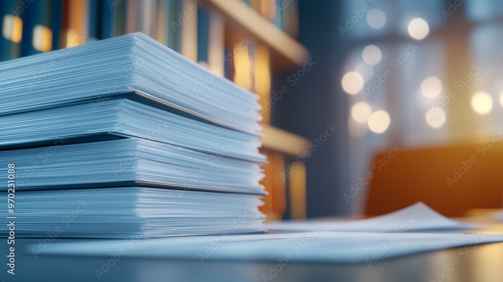 Poster a stack of papers on a desk with a chair in the background
