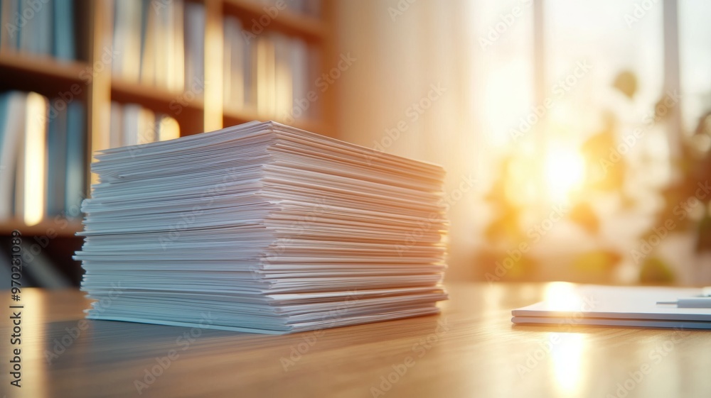 Poster a stack of papers on a table with a sun shining on it