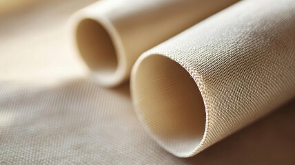Close-up of rolled beige fabric with textured surface, textile material concept