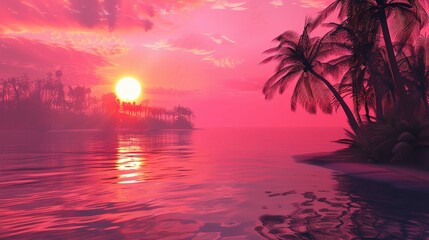 A Sunset Over a Tropical Island with Palm Trees and a Pink Sky