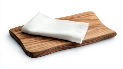 A wooden cutting board with a white napkin on top