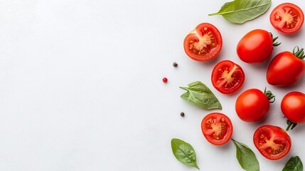 Fototapeta premium Fresh tomatoes and basil leaves arranged on a white background with copyspace. Ideal for food blogs, cooking websites, or healthy eating promotions with ample space for text.