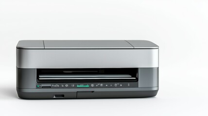 A silver printer with a black keyboard sits on a white background