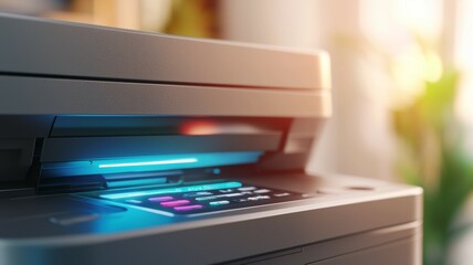 A printer with a blue screen and a green plant in the background