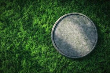 Stone flat podium on the green lush grass lawn. A pedestal for product advertising.