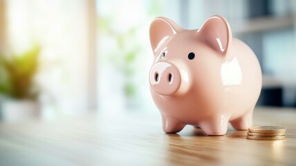 A pink piggy bank sits on a wooden table with a coin on top of it