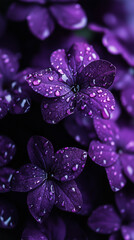 purple flower background, gloomy lighting with raindrops 