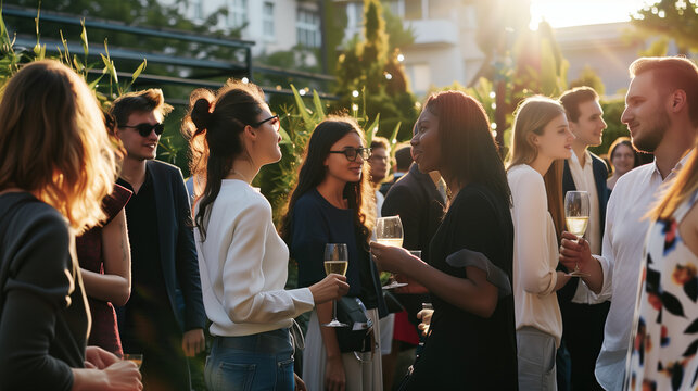 Group of diverse friends enjoying a casual outdoor gathering during sunset, socializing and celebrating together with drinks in a vibrant, relaxed urban atmosphere.