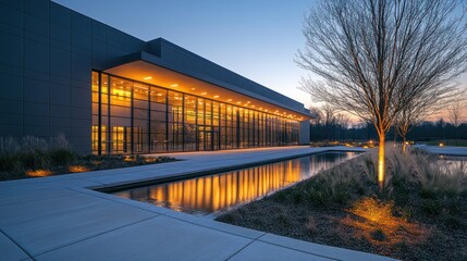 Obraz premium Modern architectural building at dusk with reflective water features.