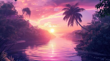 Obraz premium Sunset over a Calm River in a Tropical Rainforest