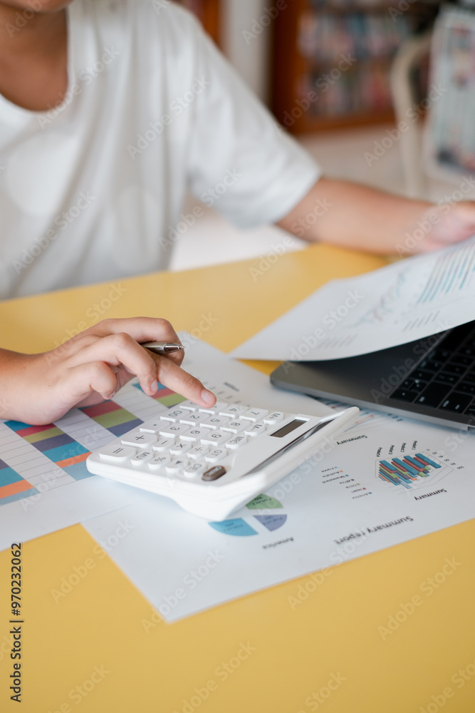 Aufkleber close-up of a person using a calculator and laptop for financial analysis, surrounded by graphs and 