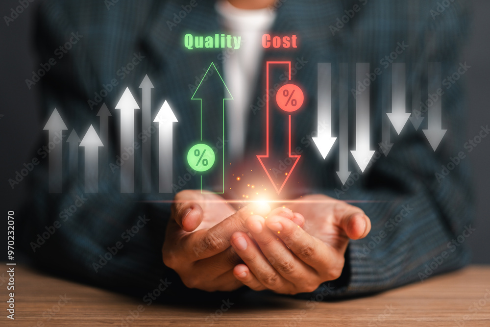 Poster visual representation of cost reduction concept with quality and cost arrows in a businessman's hand