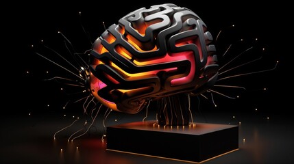 Fototapeta premium Futuristic Brain Sculpture with Glowing Lights in a Dark Space